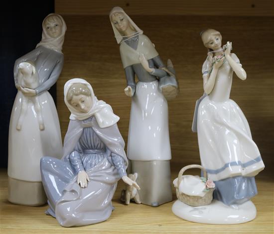 Two Lladro figures, girl with sheep and girl with puppy and bread basket and two other figures, tallest 27cm (4)